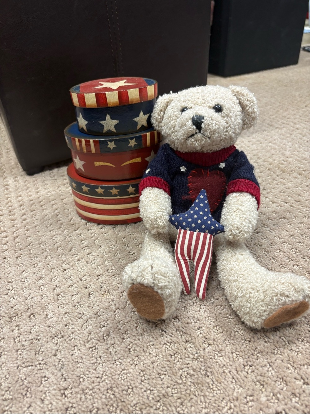 Patriotic Plush Bear with Star and Sweater. Stacking Boxes